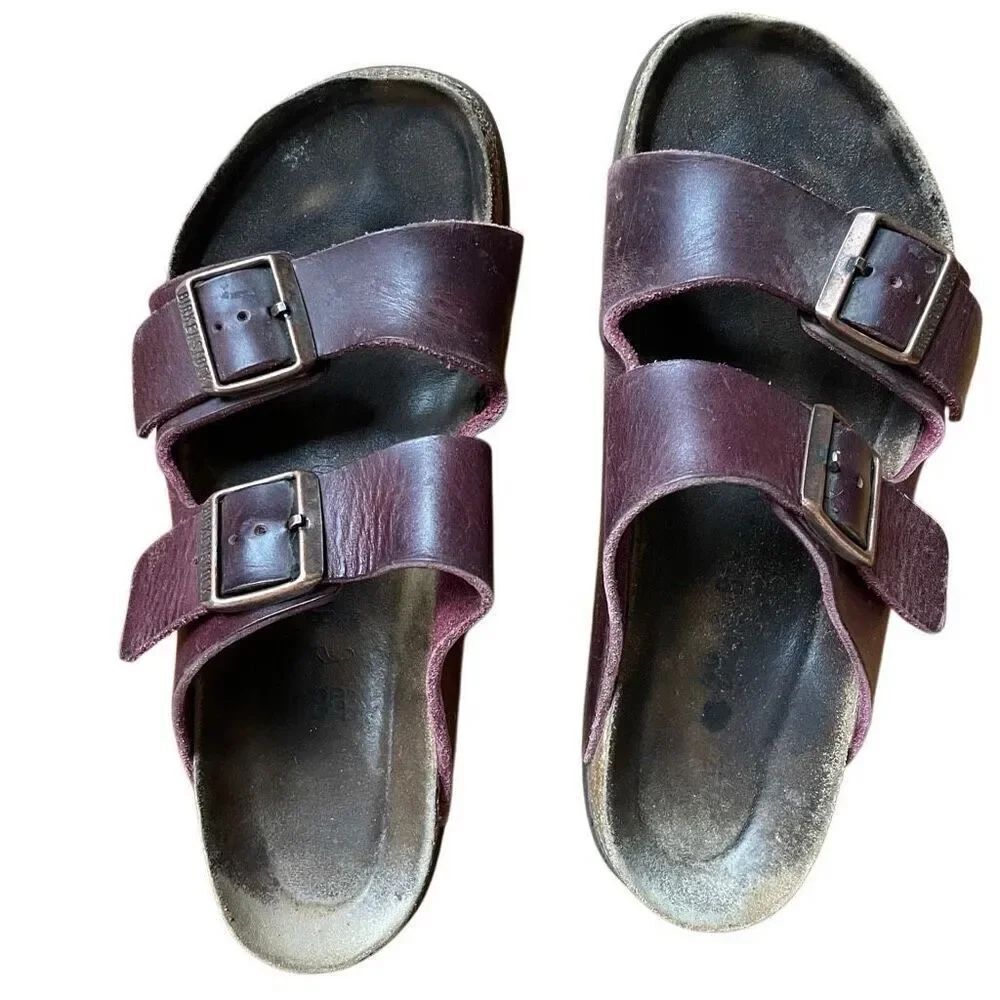 Birkenstock Sandals Arizona Big Buckle Burgundy 40 Leather Distressed Comfort